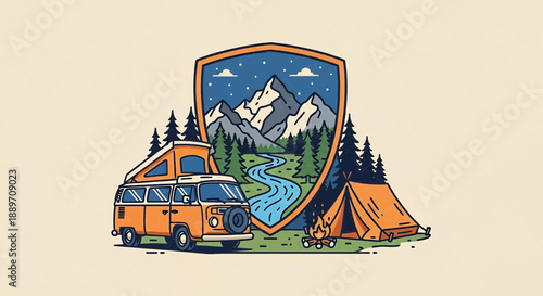 Van parked beside a tent in a serene mountainous landscape with a river flowing through