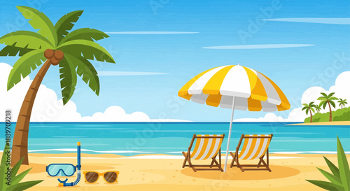 A serene beach scene with lounge chairs and umbrella under a palm tree by the ocean