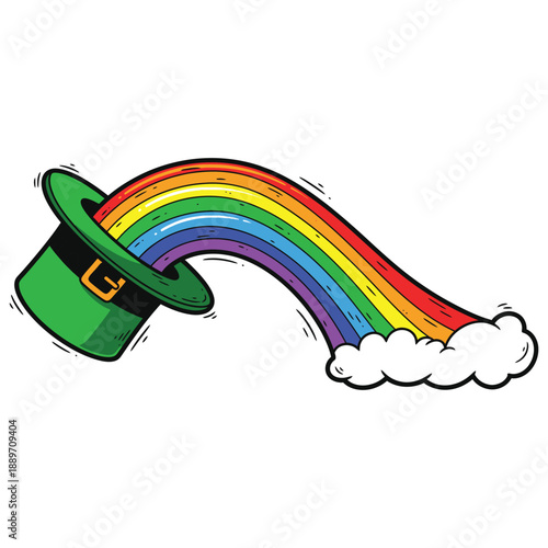 A cartoon leprechaun hat with a rainbow coming out of it for st patricks day