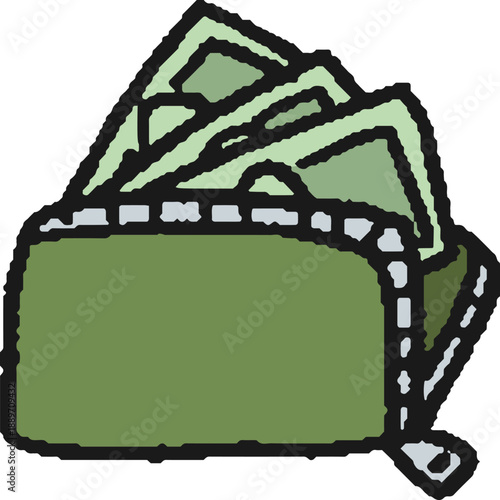 お札が出た緑色の長財布の手描きイラスト