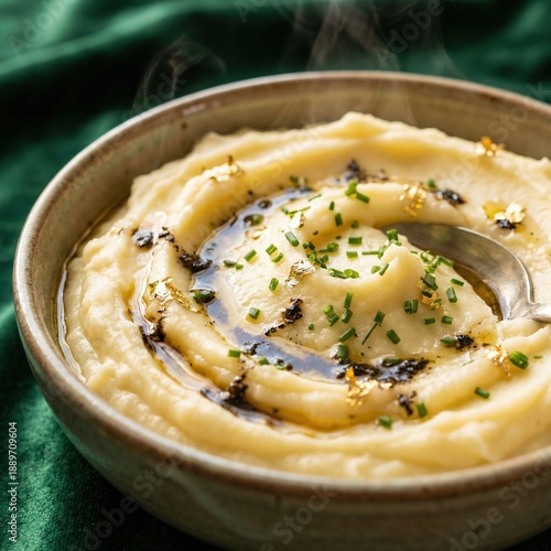 Creamy mashed potatoes with truffle oil and chives in bowl  