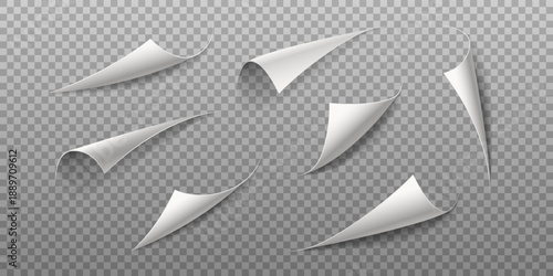 Realistic flipping book and page curl effect illustration set showing bent paper corners folded notebook sheets and brochure edges isolated for design mockups