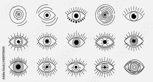Collection of diverse minimalist eye illustrations in various styles and designs, showcasing different artistic interpretations of the human eye.
