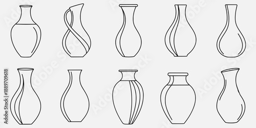 Collection of minimalist vase line art illustrations in various shapes and designs