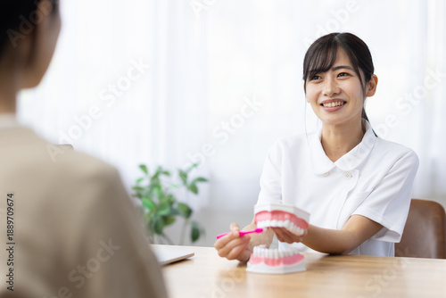 Photos Smiling Young Woman in White Uniform Teaching Tooth Brushing with Dental Model
