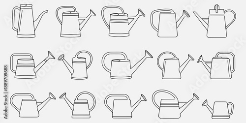 Collection of various watering can designs illustrated in a simple line art style