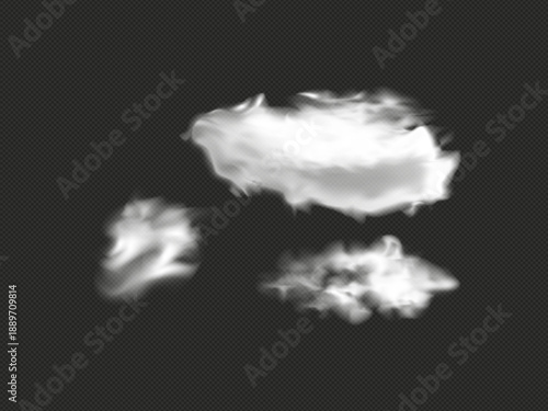 Three dimensional fluffy clear white clouds isolated on transparent background ideal for weather sky fantasy compositions digital design and atmospheric illustrations