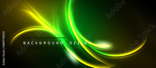 Abstract vibrant design features flowing yellow, green lines against dark backdrop. Text reads background design. Modern, dynamic visual.