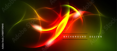 Abstract vibrant design features flowing neon lines. Red, green, yellow hues blend into dark background. Modern aesthetic.
