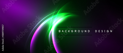 Abstract neon lights create vibrant purple, green glow. Modern design suggests energy, technology, futuristic visuals. Dark background enhances luminosity.