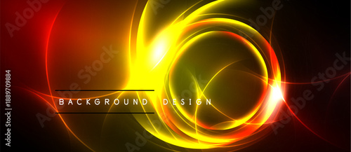 Bright abstract swirls, vibrant orange, yellow hues. Dark background emphasizes glowing circular design, text reads background design.