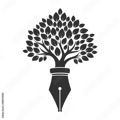 A stylized illustration of a pen nib morphing into a tree with lush leaves, symbolizing creativity and growth