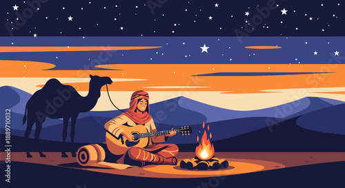 Man Playing Guitar by the Campfire under Starry Sky