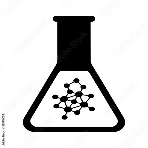 Laboratory equipment illustration featuring a conical flask with a molecular structure inside