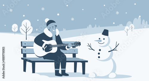 Man playing guitar for snowman on a snowy park bench