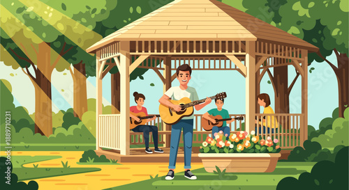 People Enjoying Music in a Gazebo on a Sunny Day