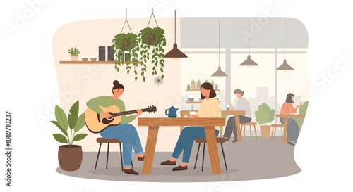 Relaxed couple enjoying coffee and music in cafe