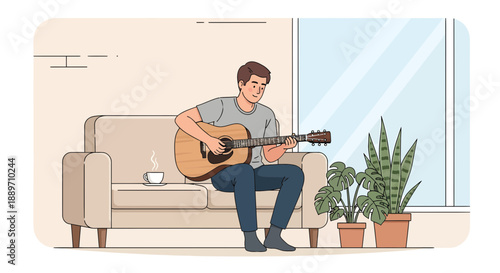 Relaxed man playing acoustic guitar on couch at home