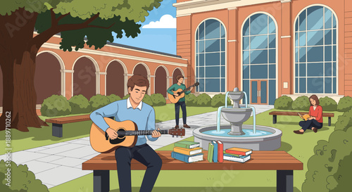 Relaxed young adults enjoying music and outdoor leisure