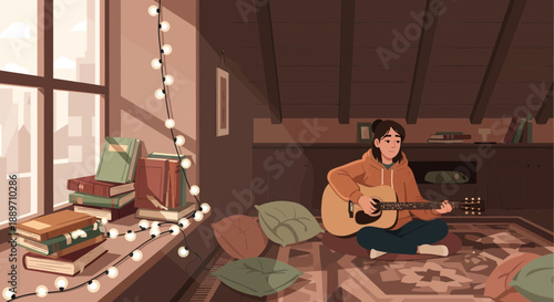 Relaxed young woman playing acoustic guitar at home