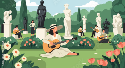 Serene Garden Scene with Musician and Sculptures