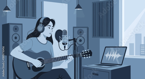 Woman playing acoustic guitar and singing in a recording studio
