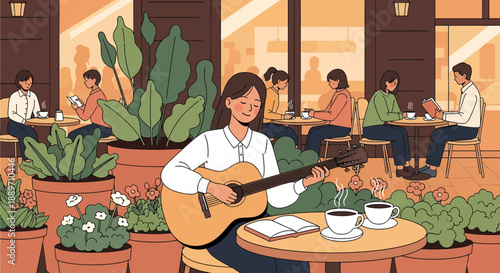 Woman Playing Guitar in Cozy Cafe Outdoor Seating Area
