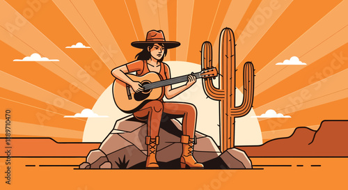 Woman Playing Guitar in Desert Landscape at Sunset