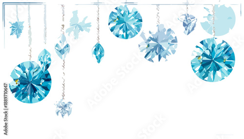 Wiszące, błyszczące kryształy lodowe i diamenty w odcieniach błękitu na białym tle, tworzące zimową dekorację.