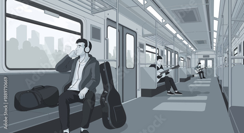 Commuters on a city train with a guitar case