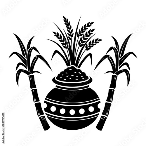 Black and white vector illustration of a decorative pot with grains and plants, surrounded by stalks, agricultural abundance scene