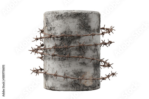 Frozen log wrapped in barbed wire isolated on transparent background. Concrete pillar wrapped with rusty barbed wire isolated on white background.