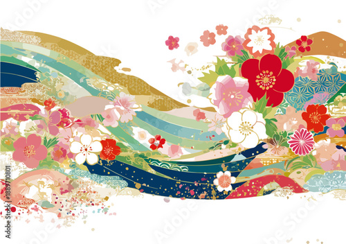 Wzór kwiatowy z japońskimi falami i złotymi detalami na białym tle