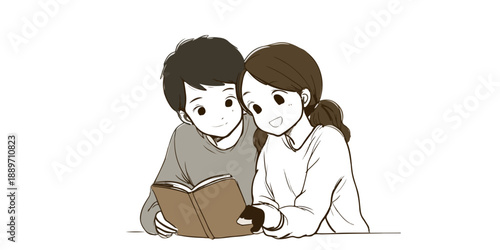 Para uroczych postaci z kreskówek czyta książkę razem, ilustracja wektorowa, przezroczyste tło