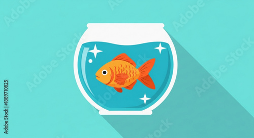 Goldfish Swimming in Glass Fishbowl on Turquoise Background