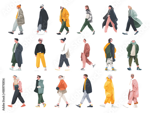 Zestaw postaci ludzkich w ruchu, ilustracje wektorowe na białym tle, styl płaski, przezroczysty