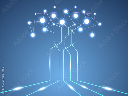 Digital Tree Network vector illustration design Concept with Futuristic Global Data Connection and Fiber Optic Transfer Representing Neural Connections, Machine Learning, ai technology, big data.