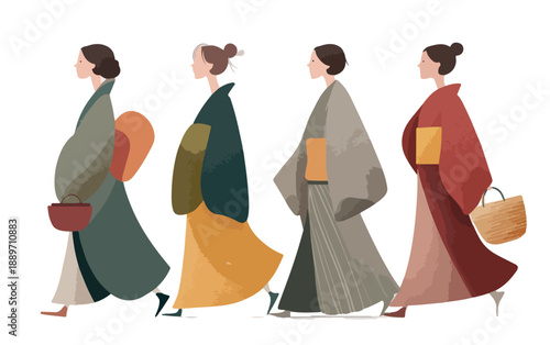 Cztery kobiety w tradycyjnych kimonach spacerują po białym tle, styl ilustracji.