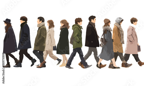 Grupa ludzi w płaszczach i swetrach idąca w jednym kierunku na białym tle, styl ilustracji