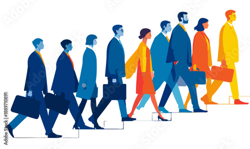 Grupa ludzi w garniturach idąca po schodach w górę, symbolizująca karierę i postęp w biznesie.