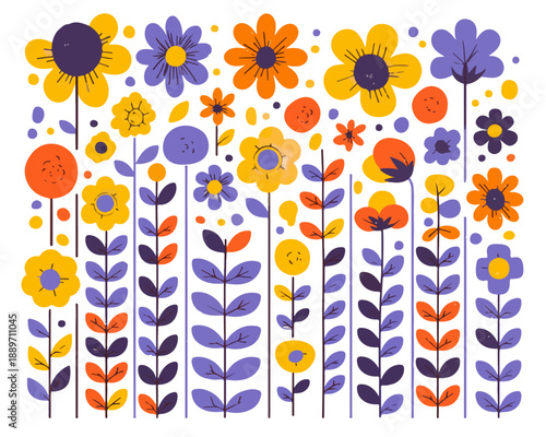 Kolorowy, stylizowany wzór kwiatów i roślin w stylu retro z przezroczystym tłem, idealny do projektowania.