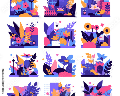 Kolekcja abstrakcyjnych, geometrycznych, płaskich ilustracji z kwiatami i roślinami w żywych kolorach.