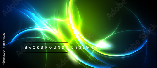 Abstract vibrant energy flows. Blue, green, yellow light curves create dynamic visual impact. Dark background emphasizes luminosity.