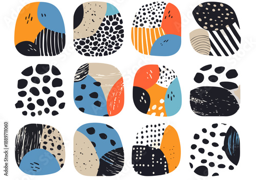 Kolekcja geometrycznych kształtów i abstrakcyjnych wzorów w żywych kolorach na przezroczystym tle.