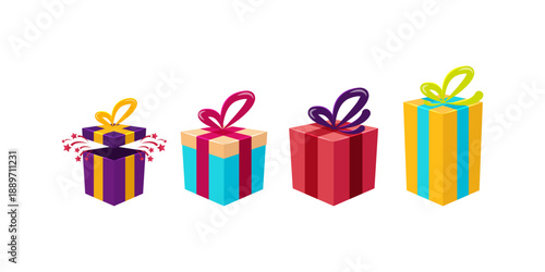 Cute cartoon gift box icon set with ribbon isolated for birthday presents celebrations surprises and playful packaging design projects
