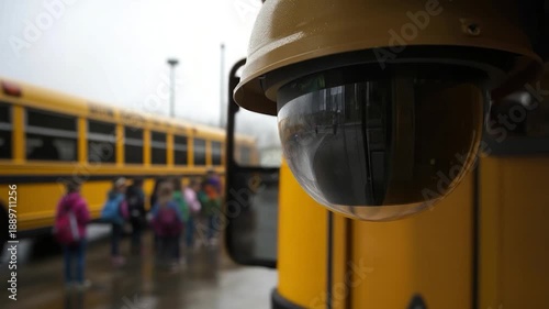 A security camera focuses on a school bus with children boarding. It's a rainy day