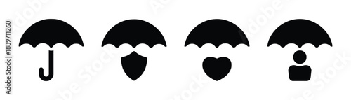 Umbrella icons with variations on protection symbolizing rain cover and safety from weather elements including insurance and protection against life risks isolated on white