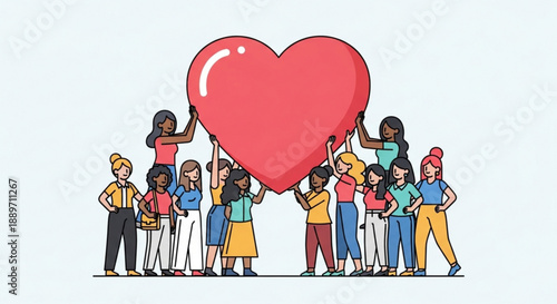 Diverse Group of People Holding Big Red Heart Together in Solidarity