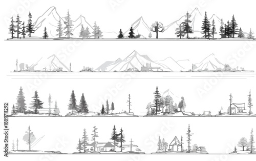 Szkice krajobrazów górskich i leśnych z elementami architektonicznymi, rysowane ołówkiem