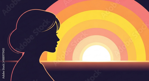 Woman Silhouette Watching Rainbow Sunset over Dark Background